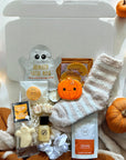 Halloween-themed boo gift box for her, filled with cozy fall treats, self-care items, and spooky cute surprises, perfect for girlfriend or bestie