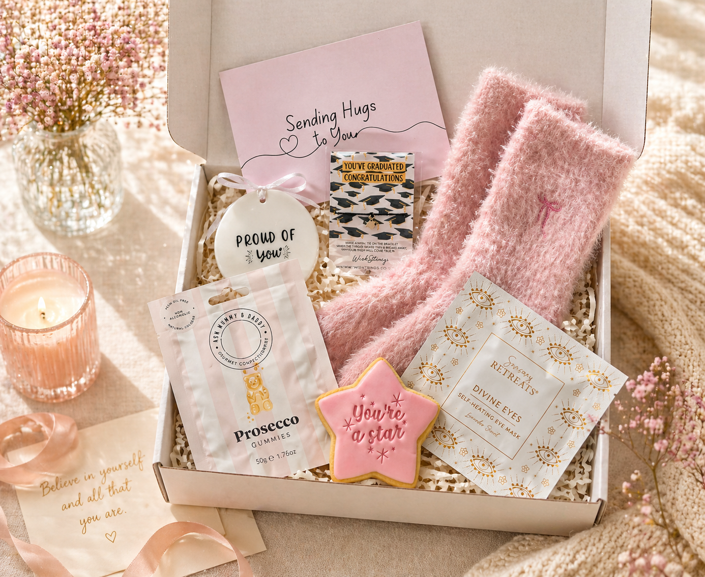 Gift box with pink cozy socks, “Sending Hugs” card, “Proud of You” keepsake, prosecco gummies, star-shaped iced cookie, and self-heating eye mask, styled with soft pastel decor and flowers.