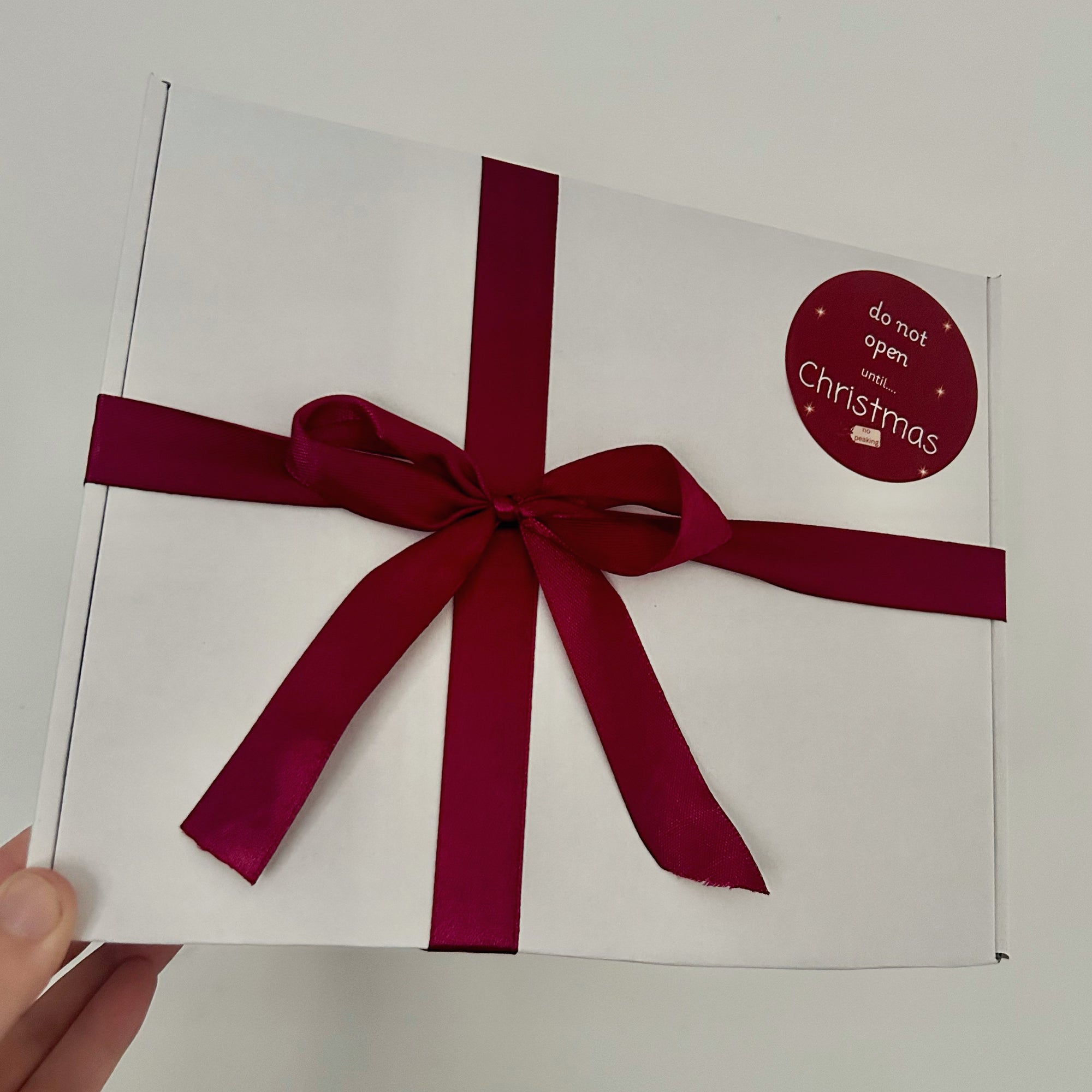 White box with a red ribbon and 'do not open until Christmas' label